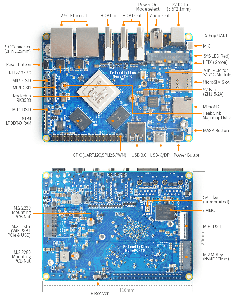 youyeetoo FriendlyElec NanoPC-T6 Single Board Computer with Metal case  Powered by RK3588, 8GB RAM, Dual 2.5G Ethernet, HDMI in/Out, Support  Android De